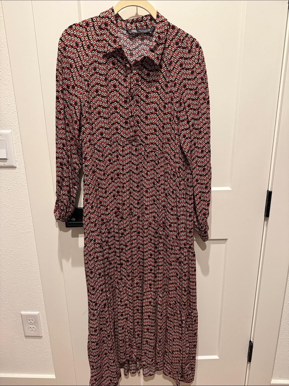 Zara Black and Red Floral Button-Front Midi Dress